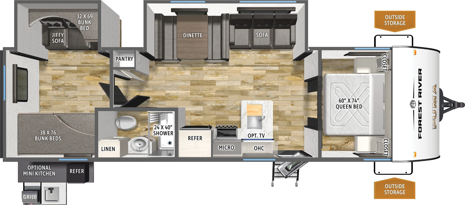 The Puma Camping Edition 305BHCE floorplan has one entry and two slide outs. Exterior features include: metal exterior, 15' awning and outside kitchen. Interiors features include: bunk beds and front bedroom.